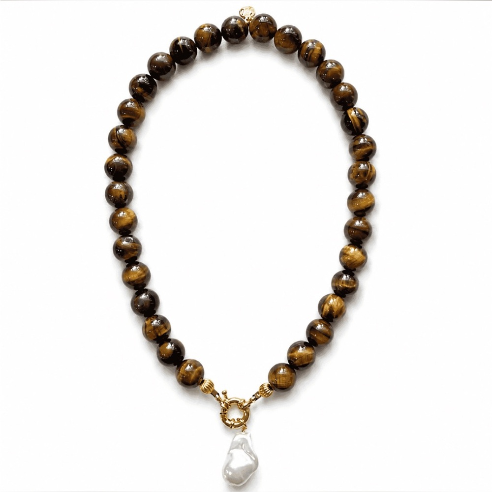 Tiger Eye Bead Necklace with Drop Pearl Pendant